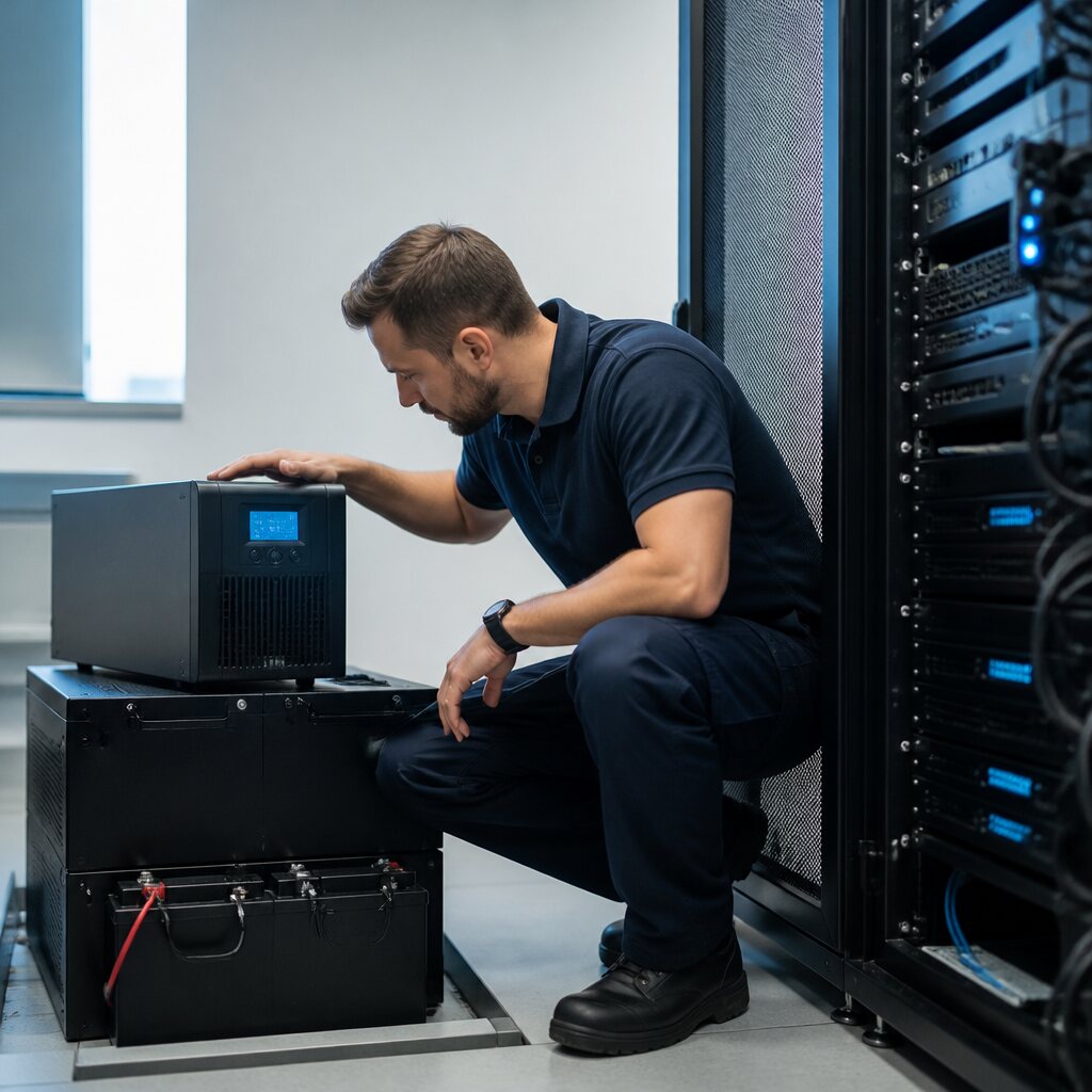 Illustrative photo of backup power equipment beside a business server rack.