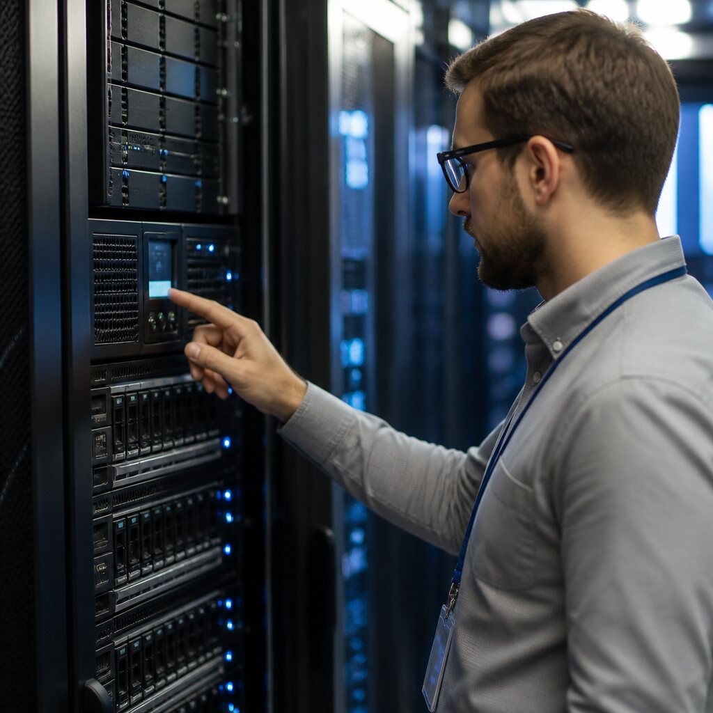 Illustrative photo of a technician checking data storage equipment.