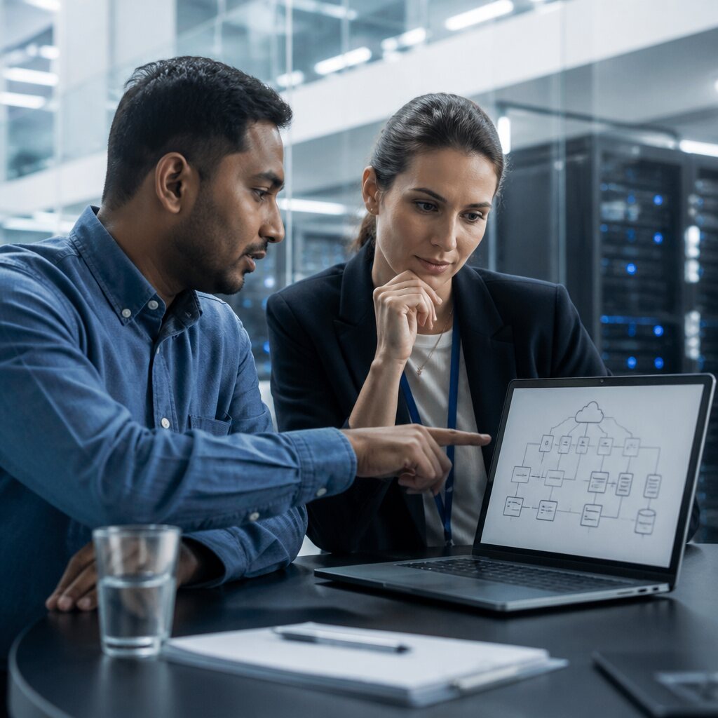 Technology professionals collaborating on a cloud infrastructure plan