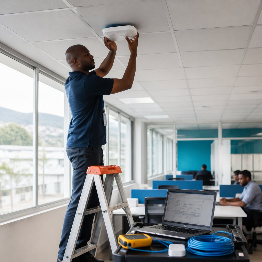 Illustrative photo of a technician installing office Wi-Fi equipment.