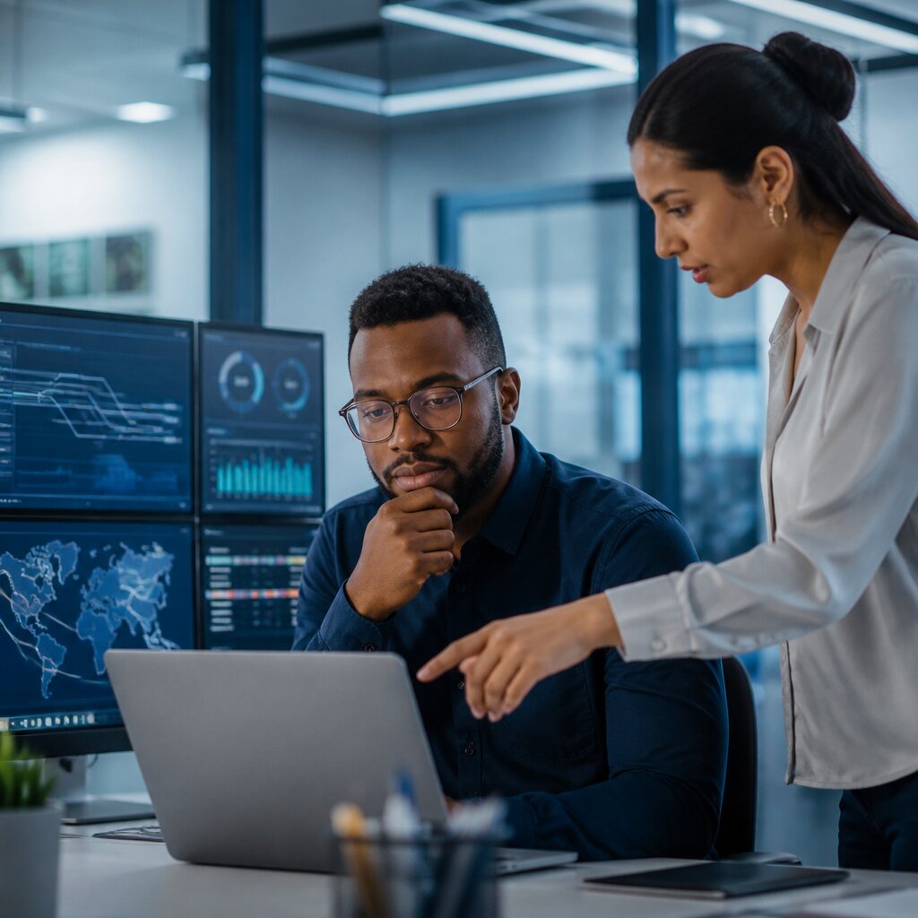 Illustrative photo of cybersecurity professionals reviewing network monitoring screens.