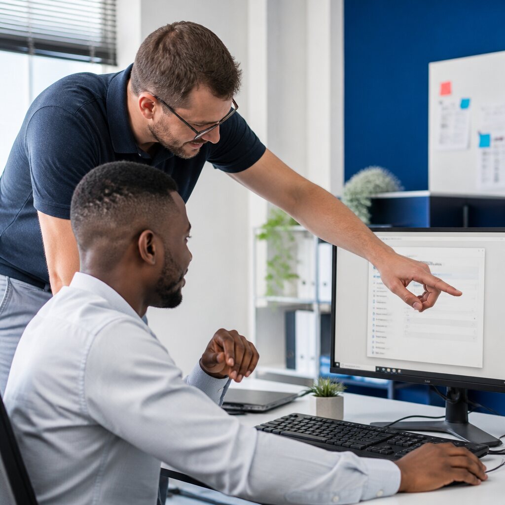 Illustrative photo of an IT support professional helping a colleague.