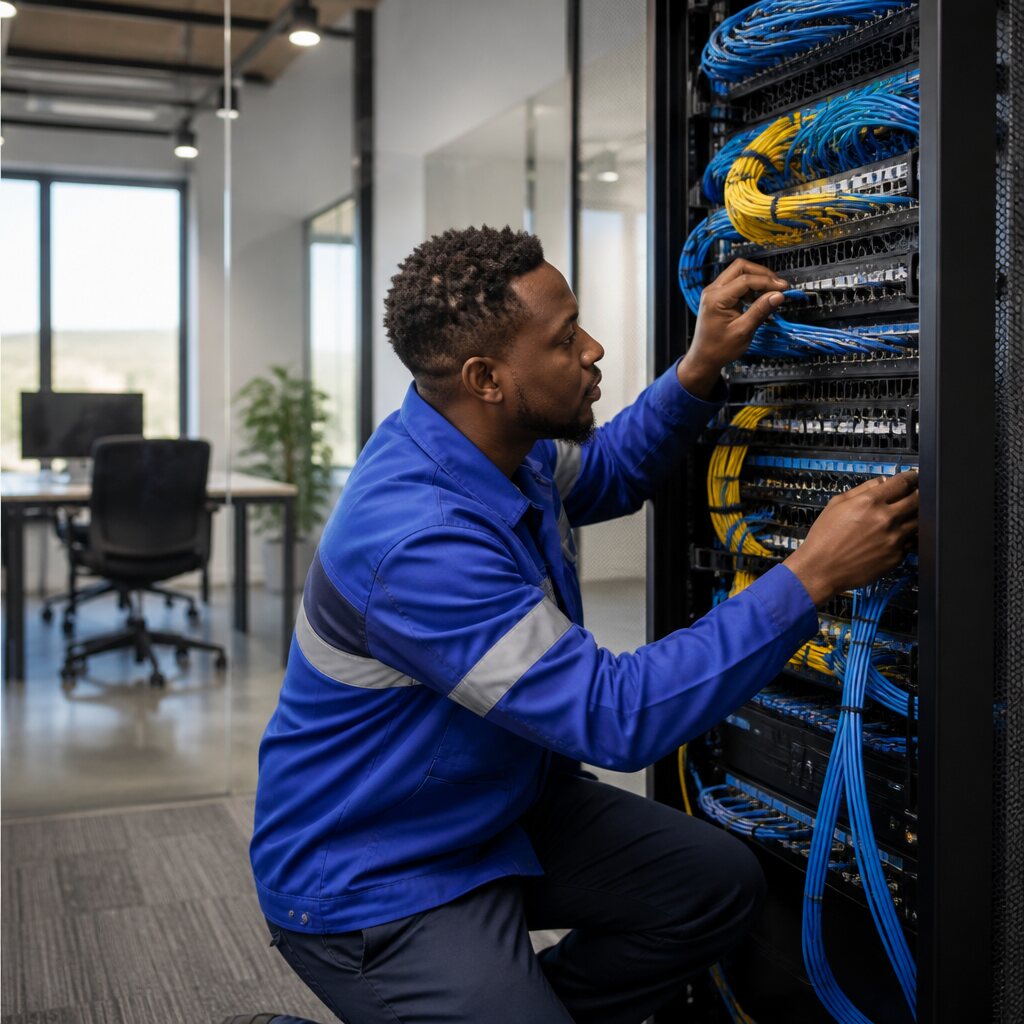 Illustrative photo of structured cabling and a business network rack.