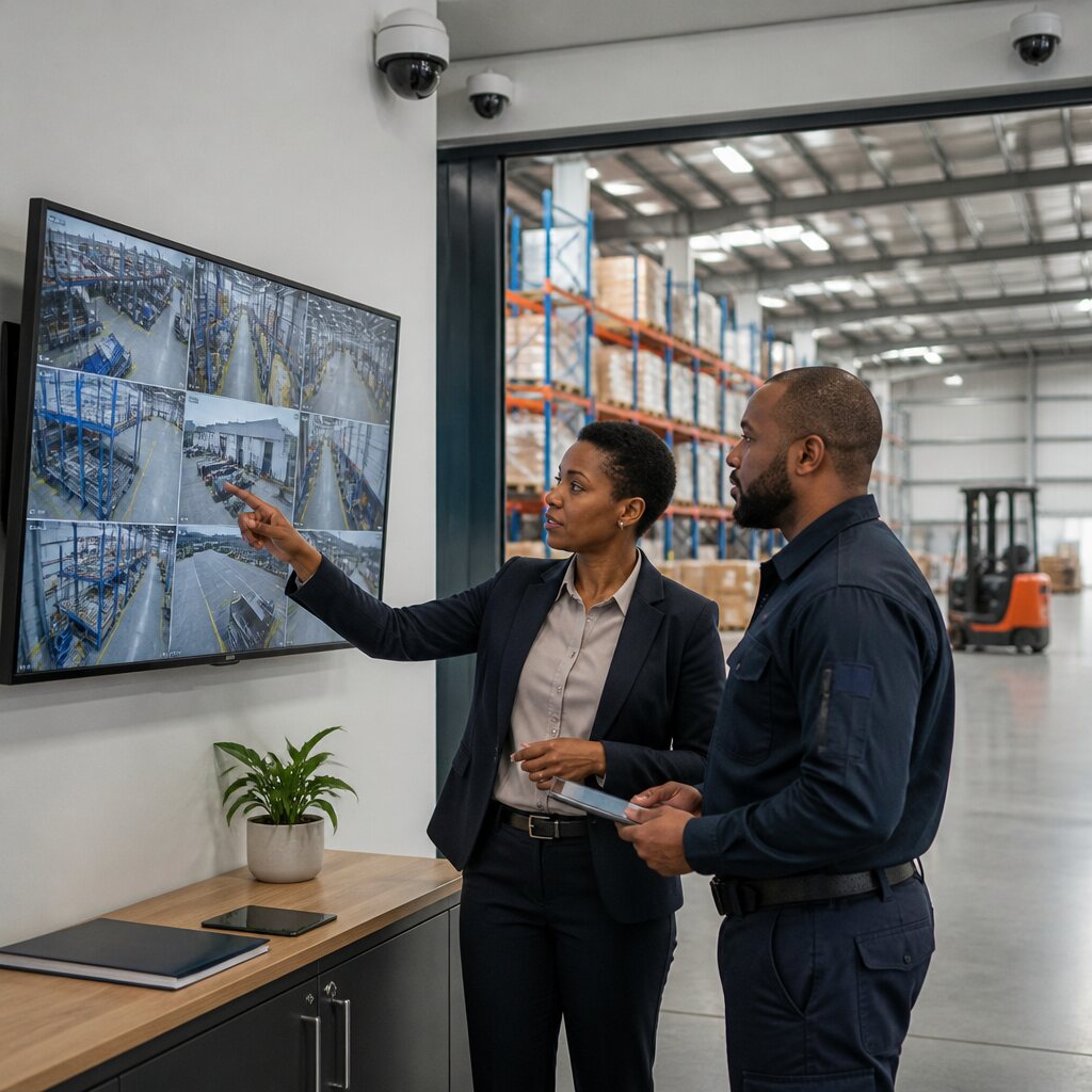 Illustrative photo of professionals reviewing CCTV views in a warehouse.