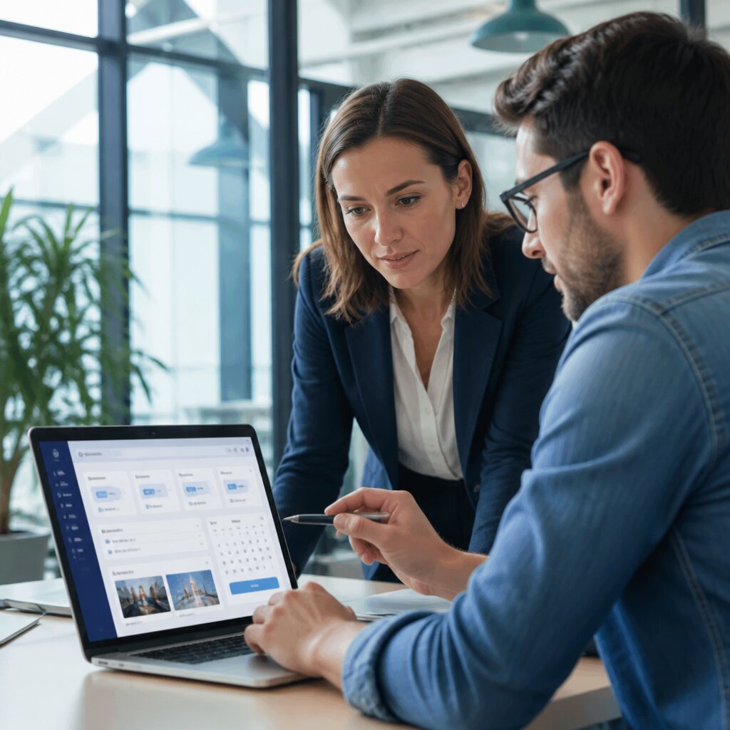 Illustrative photo of colleagues reviewing a business software interface.